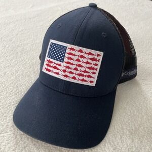 Columbia PFG Navy Trucker Hat Fish Flag Cap One Size Strap Back Adj Mesh Classic
